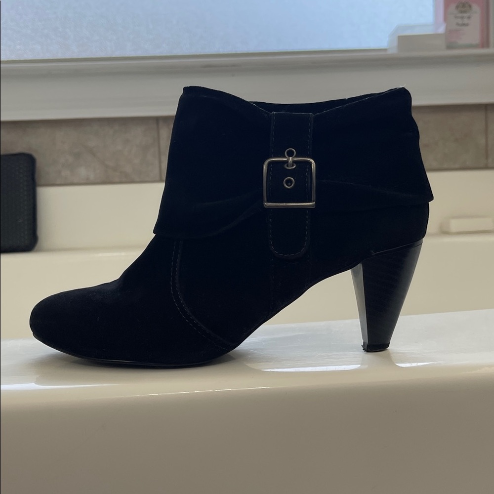 Mudd Faux Suede Slouch Buckle Ankle Boots